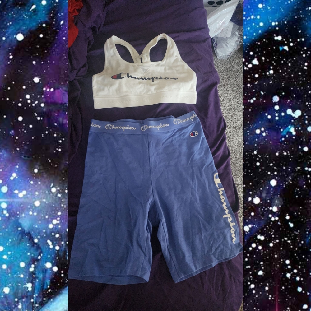 Champion White Sports Bra with Blue Bike Shorts Set